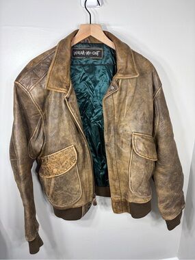 Vintage Wear Me Out Distressed Leather Bomber Jacket Brown Korea Mens 44